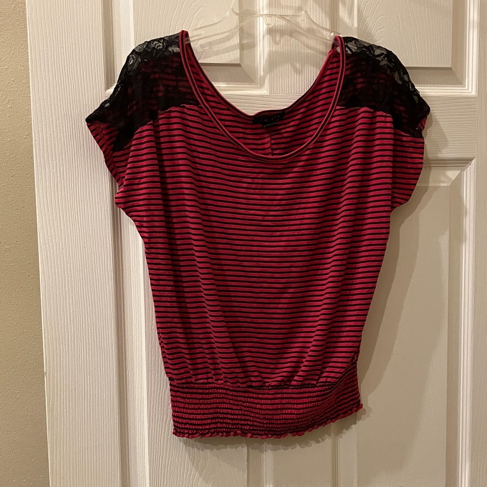 eye candy Red and Black Striped Short Sleeve Top with Lace Shoulders